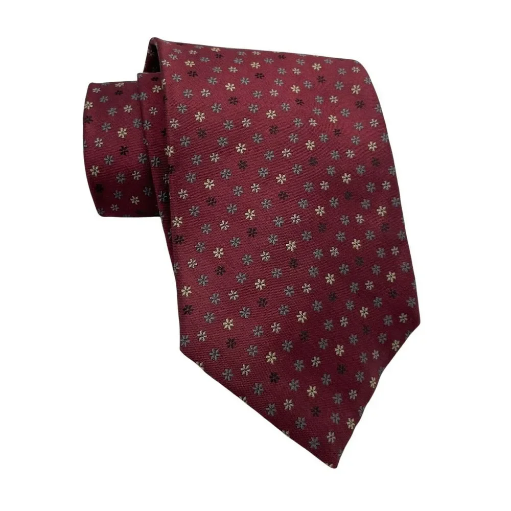 Geoffrey Beene Tie - Geometric Floral Maroon Red Silk Necktie - Men's Classic‎ - Picture 7 of 8